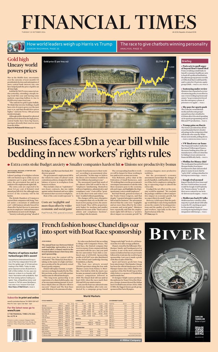 AllieHBNews's tweet photo. Tuesday’s FINANCIAL Times: “Business faces £5bn a year bill while bedding in new workers’ rights rules” #TomorrowsPapersToday https://t.co/J2txJSx5uG
