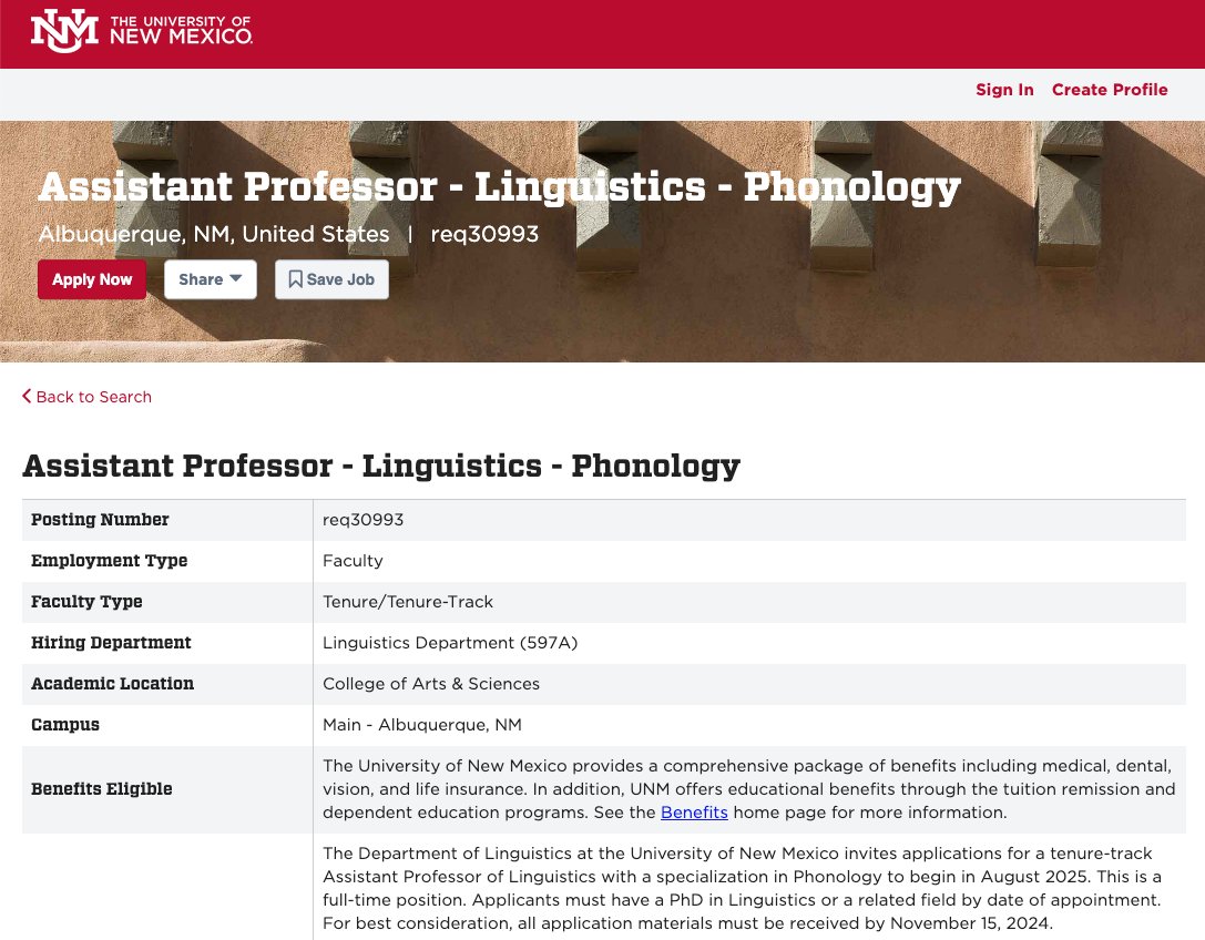 WE ARE HIRING
The Dept of Linguistics at UNM invites applications for the position of Assistant Professor in Linguistics with a research program in usage-based phonology, laboratory phonology, and/or phonological typology. The application details are here: unm.csod.com/ux/ats/careers…