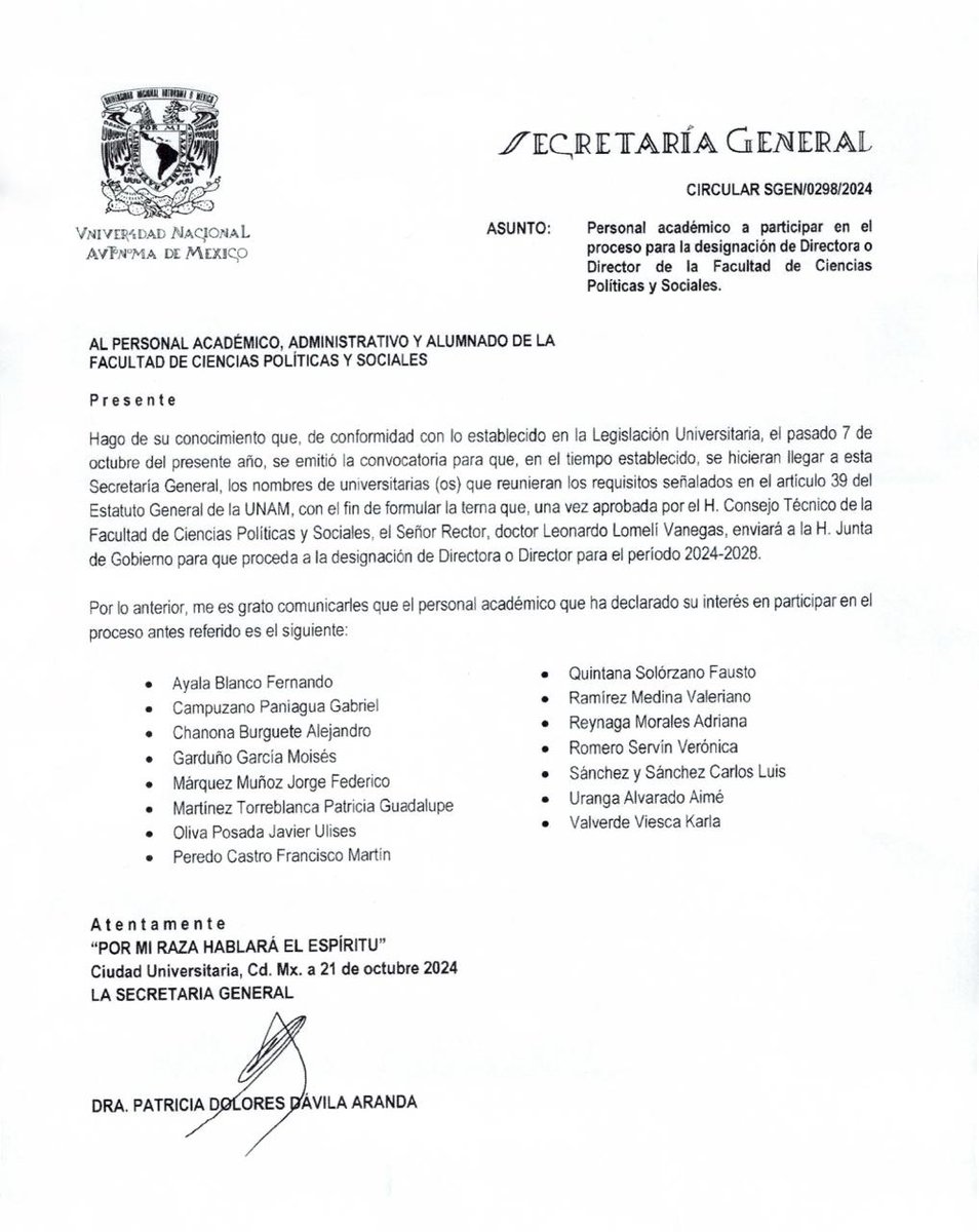 UNAM_FCPyS's tweet photo. En el marco del proceso para la designación de Directora o Director de la FCPyS, les compartimos la circular SGEN/0298/2024. https://t.co/HZoYWGbiBG
