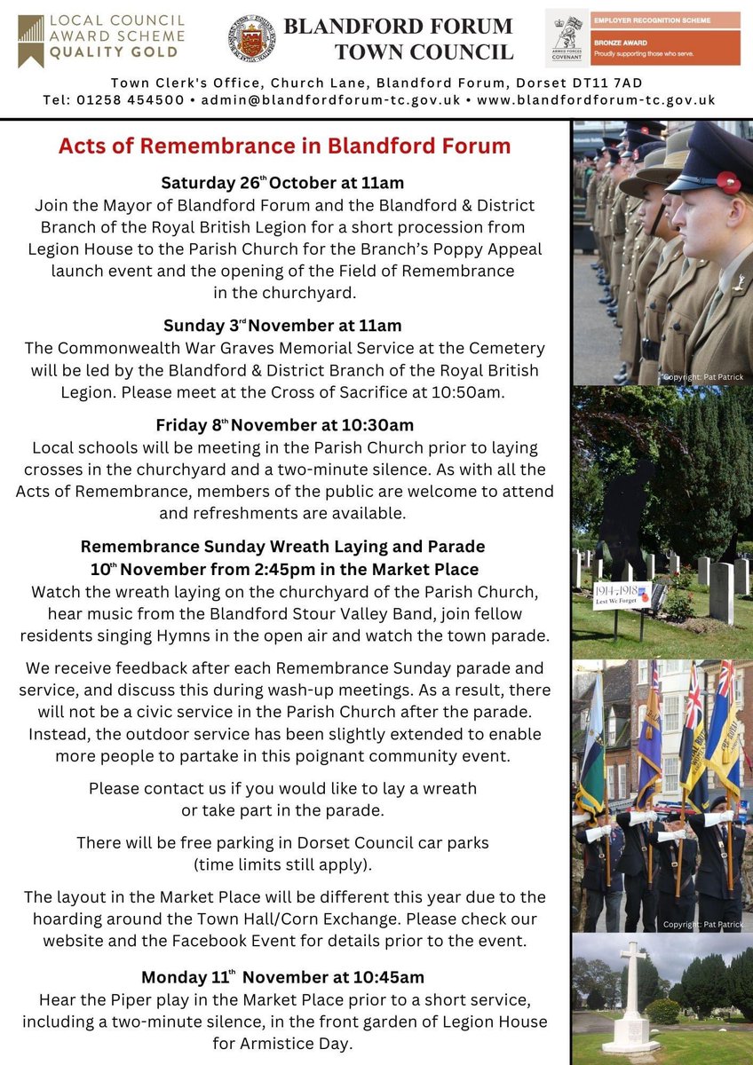 🌺The Acts of Remembrance in Blandford Forum start this weekend, with the opening of the Field of Remembrance. Everyone is welcome to attend the events listed. 
- Schools' Remembrance Service
- Remembrance Sunday Outdoor Service with Wreath Laying and Town Parade
- Armistice Day