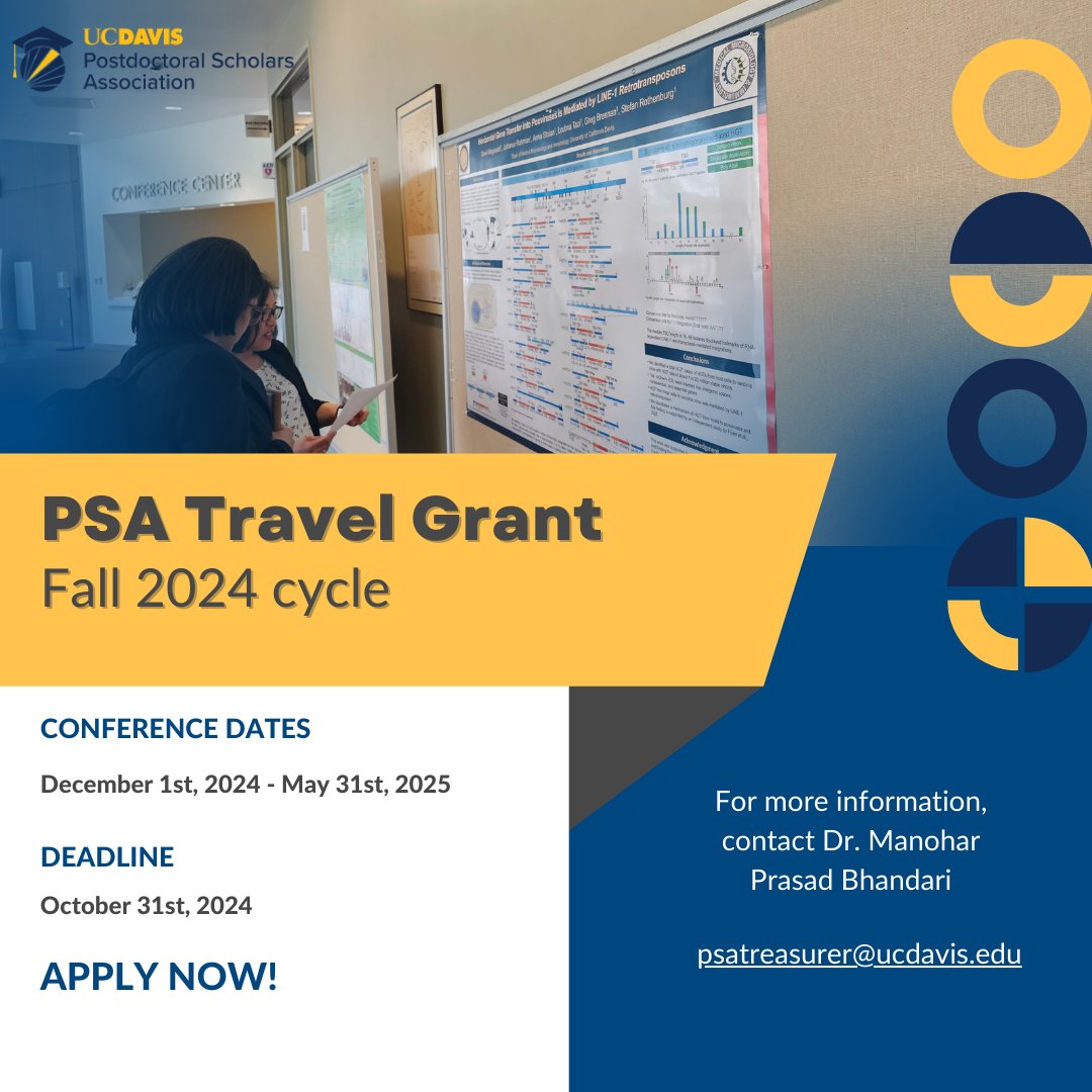 UCDavisPostdocs's tweet image. This is a reminder to sign up for the PSA Travel Grant for the Fall Cycle. Deadline is October 31st. Here is the link to sign up.
postdocs.ucdavis.edu/postdoctoral-s…