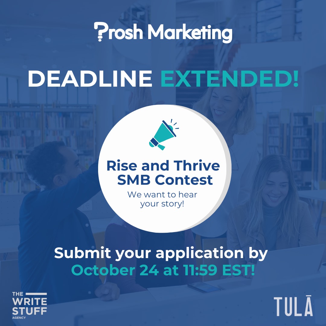 🌟 Great news for SMBs! 🌟

The Rise and Thrive SMB Contest deadline has been extended to Oct 24, 2024!
🎉 Get a chance to win $6,400 in marketing consulting and services to level up your business! 🚀

👉 Enter now: proshmarketing.com/rise-and-thriv…

#SMBContest #BusinessGrowth #SmallBiz