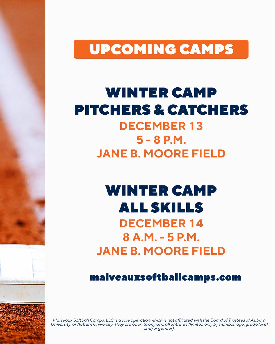 Our Winter Camps are OPEN for registration! 📝

Spots are limited so secure yours fast!

🔗: auburntige.rs/3BW5FCX

#WarEagle