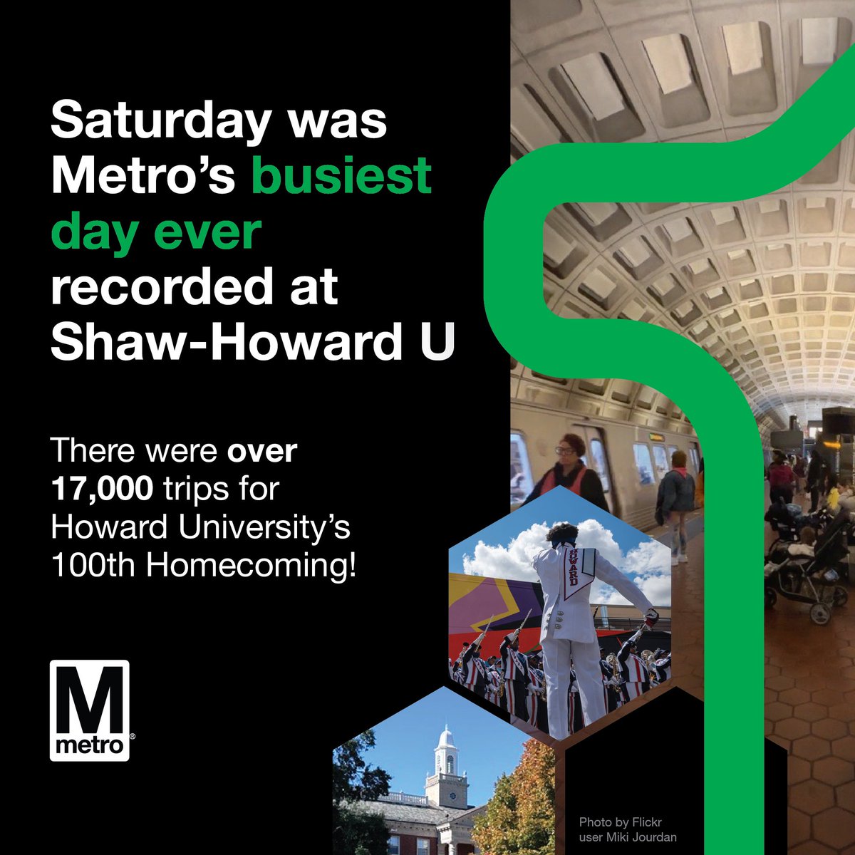 wmata's tweet photo. The 100th @HowardU Homecoming made Saturday the busiest day on record at Shaw-Howard U Station! 🚇🎉 Thanks for letting us be your ride to all the celebrations. We're excited to keep the momentum going as the special events connector for the region's biggest celebrations! #wmata https://t.co/pTCfConFl5