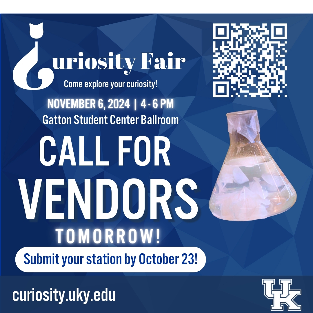 uk_curiosity's tweet photo. DEADLINE TO REGISTER TOMORROW!!!
We are currently looking for vendors to host stations at the 2024 Curiosity Fair. This is the perfect chance to showcase what sparks curiosity! Scan the QR code or visit this link to register: https://t.co/b3gOvz6BXJ  
#ukycuriosityfair 🧪 https://t.co/WS3mhrGyB5