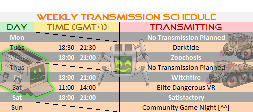 _BattleToaster_'s tweet image. Ello ello everyone! [^^]

Here's the schedule for the week you wonderful beans!
We've got the community games night this Sunday so there'll be no transmissions on that day. :D
It's been awhile since I've played Dark Heresy! [^^]