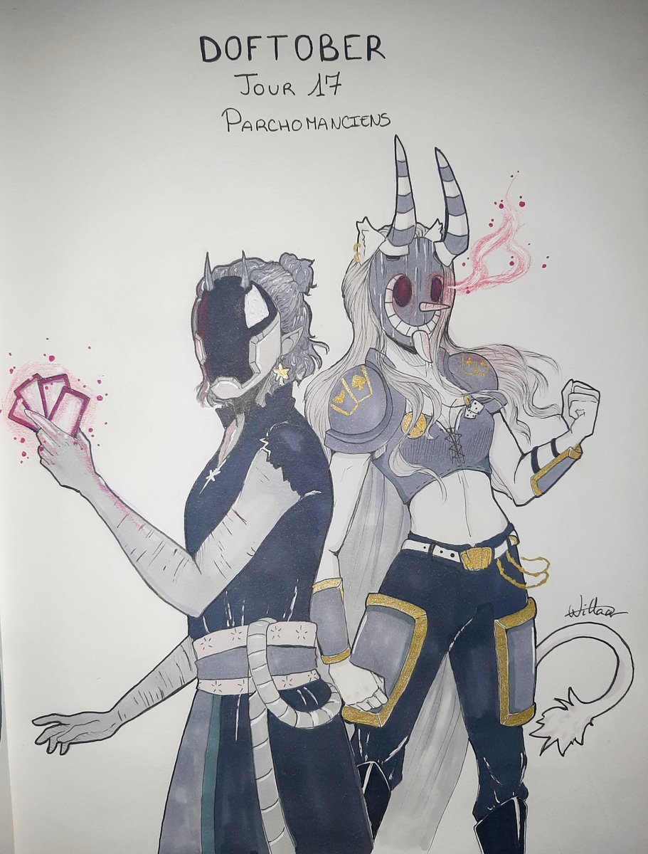 #Doftober jour 17 : Parchomanciens 📜
Salt et Jag ont échangé leur magie 🤭
Pardonnez la qualité de photo nocturne c:

#dofus #inktober2024 #ecaflip #masqueraider