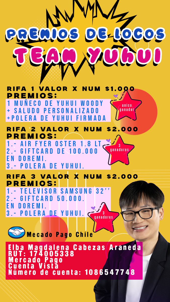 TeamYuhui's tweet photo. 3 RIFAS CON GRANDES PREMIOS DEL TEAM YUHUI🤯😱❤️ #GranHermanoCHV 
Elba Magdalena Cabezas Araneda
RUT: 174005338
Mercado Pago
Cuenta Vista
Número de cuenta: 1086547748
e.magda.cabezas@gmail.com https://t.co/uKPkY1qAYM