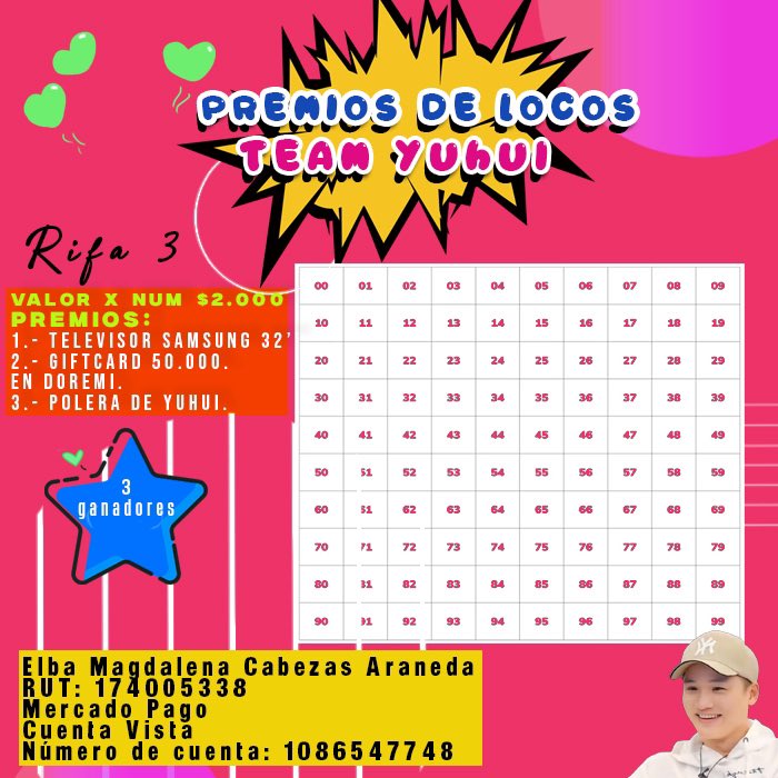 3 RIFAS CON GRANDES PREMIOS DEL TEAM YUHUI🤯😱❤️ #GranHermanoCHV 
Elba Magdalena Cabezas Araneda
RUT: 174005338
Mercado Pago
Cuenta Vista
Número de cuenta: 1086547748
e.magda.cabezas@gmail.com