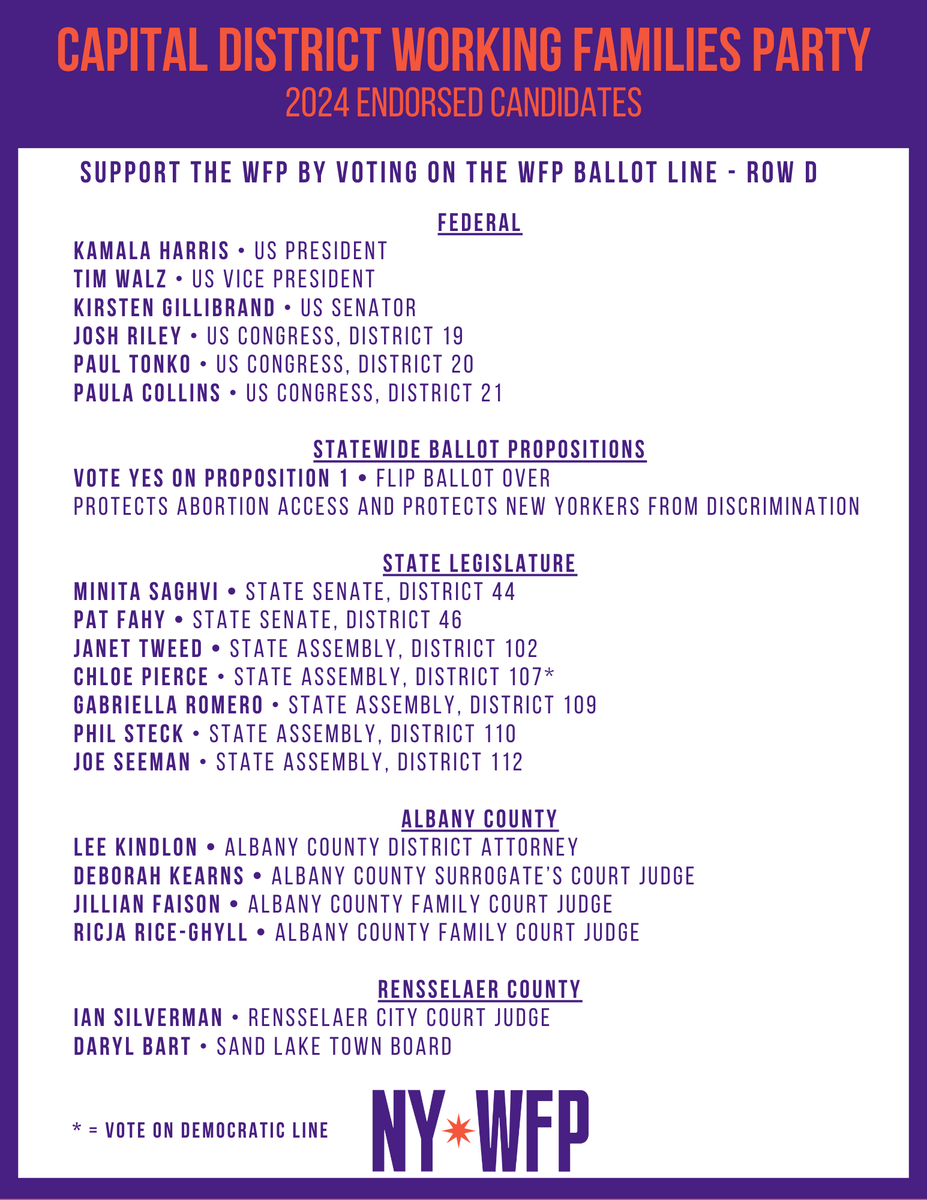 Our 2024 Voting Guide is now available. Vote on the WFP Line this election season (except where noted), and don't forget to flip your ballot and Vote Yes on Proposition 1.
