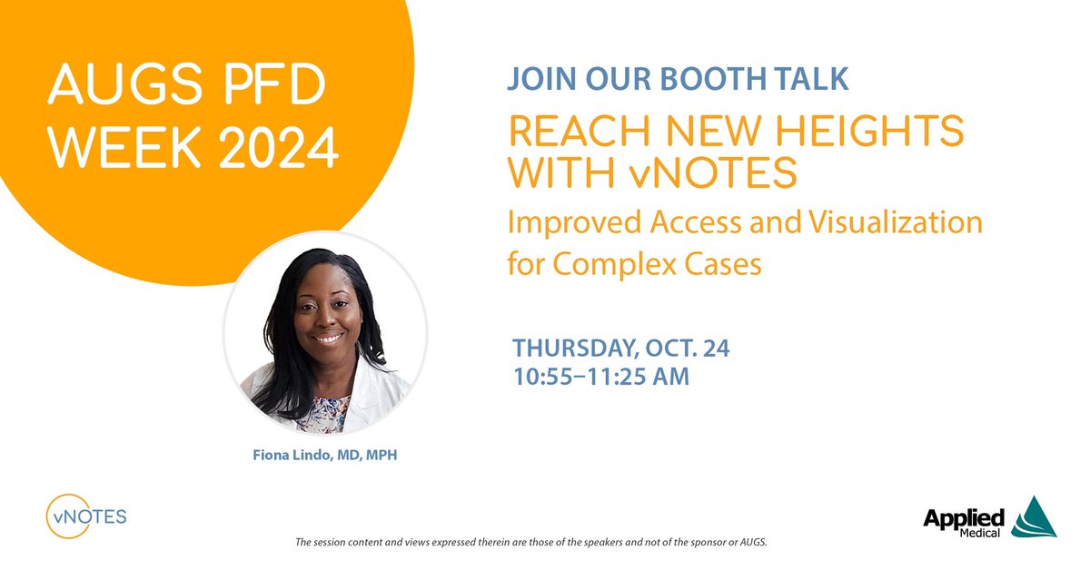 Applied Medical GYN (@appliedmed_gyn) on Twitter photo We are excited to kick off #PFDweek2024! Make sure to mark our Booth Talk on your schedule!
From high uterosacral ligament suspensions to challenging adnexal pathology, learn how <a href="/FionaLindo/">Fiona M Lindo, MD, MPH</a> has improved access and visualization using #vNOTES. We are excited to kick off #PFDweek2024! Make sure to mark our Booth Talk on your schedule!
From high uterosacral ligament suspensions to challenging adnexal pathology, learn how <a href="/FionaLindo/">Fiona M Lindo, MD, MPH</a> has improved access and visualization using #vNOTES.