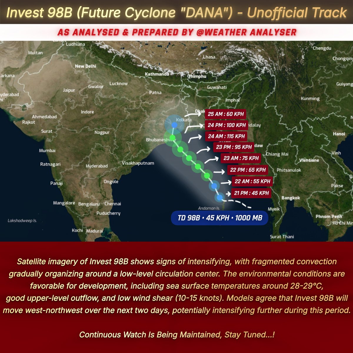 WeatherAnalyser's tweet photo. Latest Track Guidance for TD 98B - Upcoming Cyclone "DANA"

#98B #Invest98B #Cyclone #CycloneDana https://t.co/QSVngFB5by