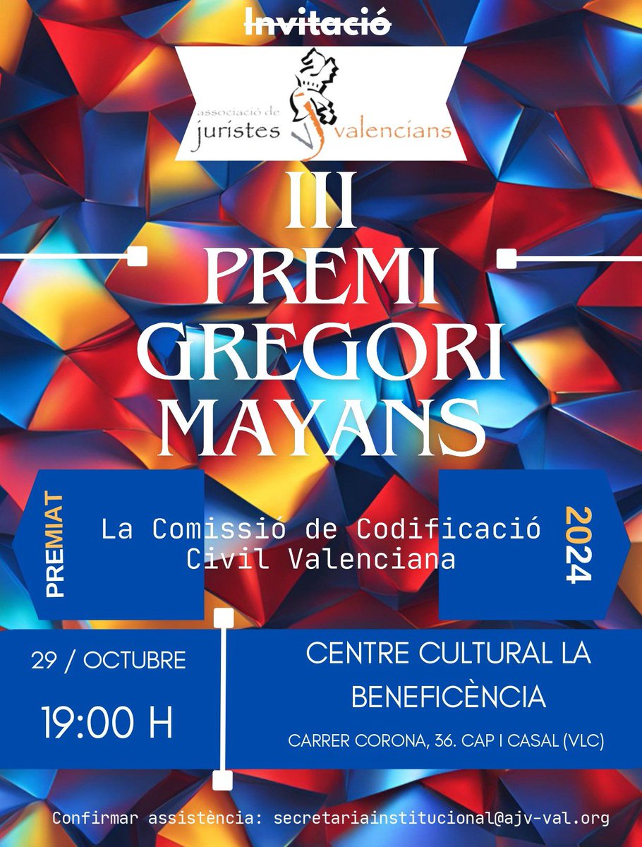 Josepepemorgan's tweet photo. La III edició dels premis Gregori Mayans, tindrà lloc el dimarts 29 a les 19h en la beneficència, premiarà la labor de la comissió de codificació civil valenciana. #JuristesValencians https://t.co/pMcweoW0Ji
