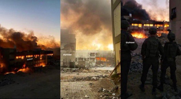 swilkinsonbc's tweet photo. Israelis set fire to the Aleppo, Kuwait &amp; Hamad schools in Jabalia: three schools serving as UN shelters have been set ablaze in the last 24 hours https://t.co/vsX6RiCFRw