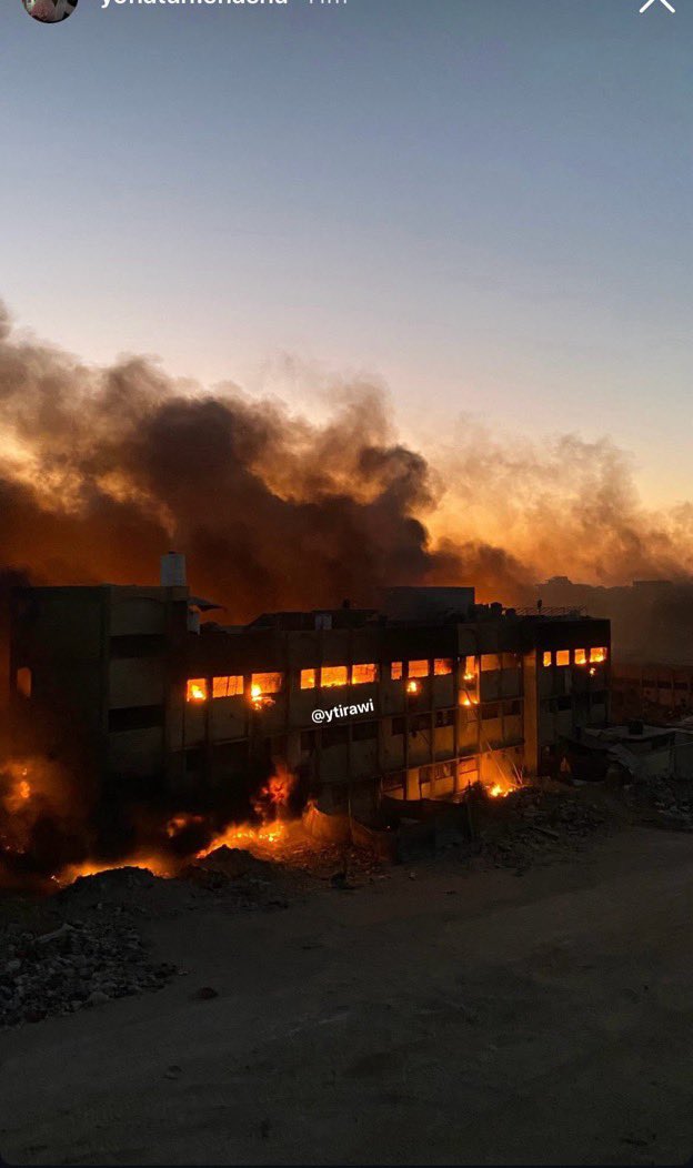 swilkinsonbc's tweet photo. Israelis set fire to the Aleppo, Kuwait &amp; Hamad schools in Jabalia: three schools serving as UN shelters have been set ablaze in the last 24 hours https://t.co/vsX6RiCFRw