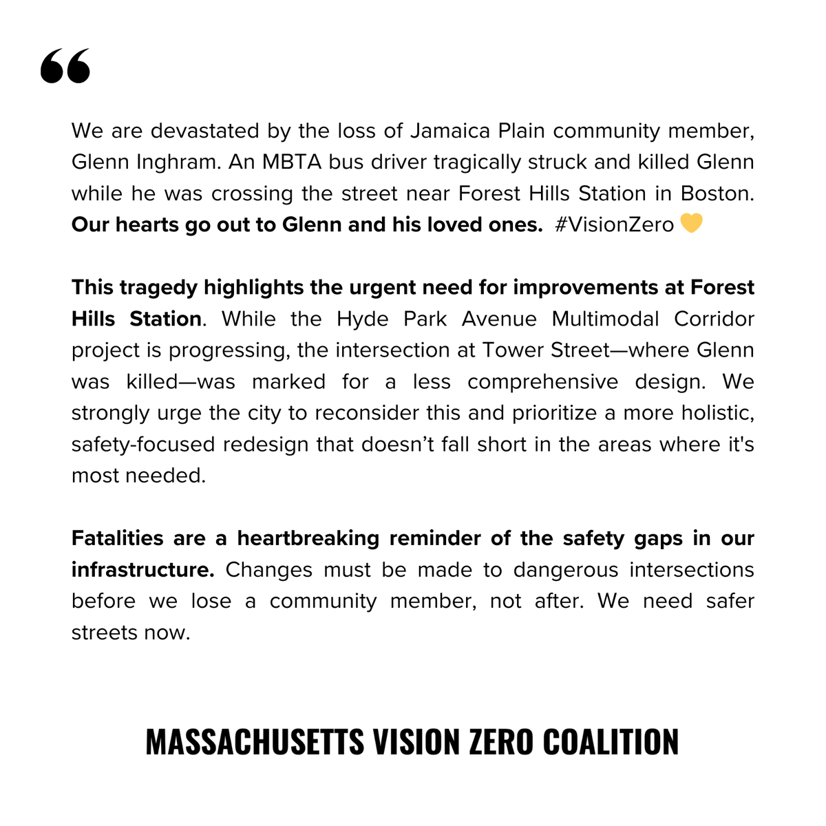 StreetsBoston's tweet photo. Our hearts are with the victim and his loved ones. #VisionZero 💛

Tonight, there will be a vigil for Glenn at 5:30pm at the intersection of Tower Street and Hyde Park Ave near Forest Hills Station. Learn more: https://t.co/r22k5bH89C https://t.co/A3zp3QagyM