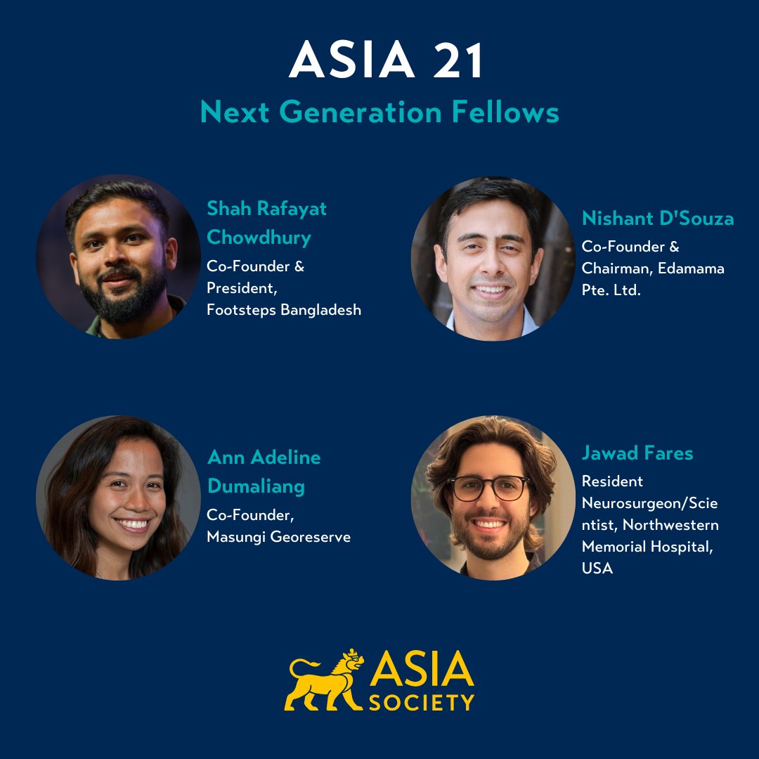 Meet more of our Asia 21 Next Generation Fellows from the Class of 2024, including 𝐒𝐡𝐚𝐡 𝐑𝐚𝐟𝐚𝐲𝐚𝐭, 𝐍𝐢𝐬𝐡𝐚𝐧𝐭, 𝐀𝐧𝐧 𝐀𝐝𝐞𝐥𝐢𝐧𝐞, and 𝐉𝐚𝐰𝐚𝐝 (<a href="/DrJawadFares/">Jawad Fares, MD</a>).

#Asia21 <a href="/AsiaSociety/">Asia Society</a>
