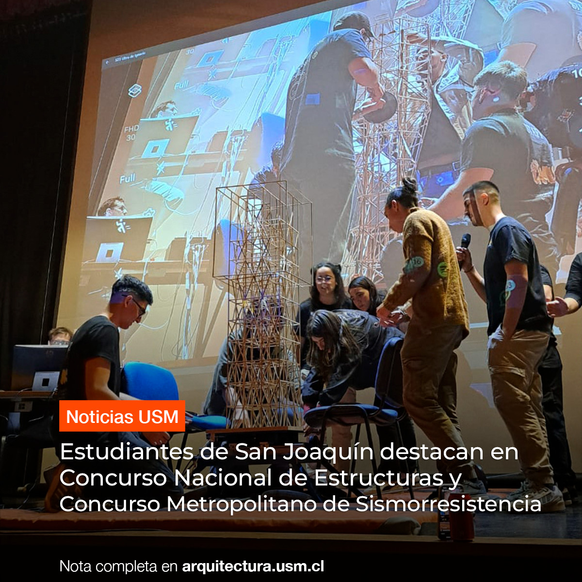 Estudiantes de nuestra carrera Campus San Joaquín  <a href="/usantamaria/">USM</a> destacan en el Concurso Nacional de Estructuras y el Concurso Metropolitano de Sismorresistencia.

Nota completa en:
arquitectura.usm.cl/estudiantes-de…