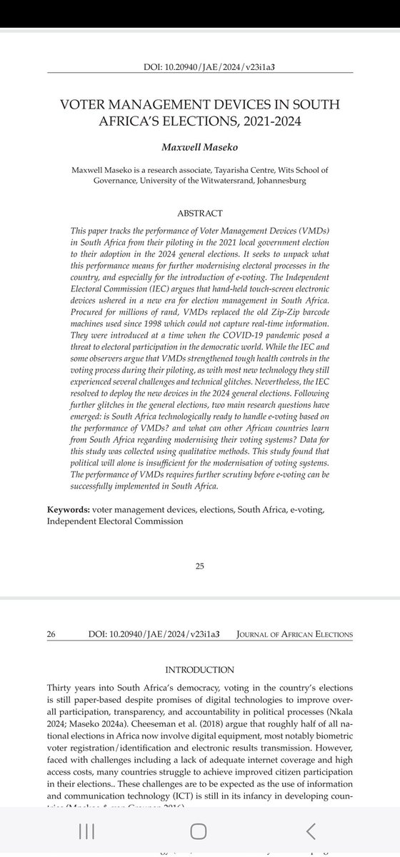 Maxido74's tweet photo. My latest article titled 'Voter Management Devices in South Africa's Elections, 2021-2024' has been published in the Journal of African Elections. It tracks the performance of the devices from their piloting to adoption.https://t.co/uNr2NceRxi https://t.co/quxc8W9VUK