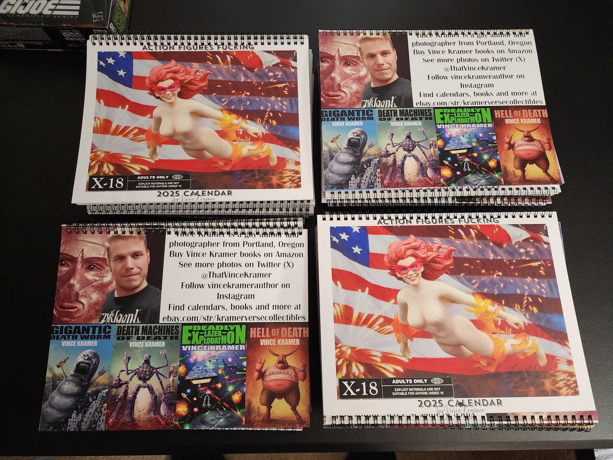 The Action Figures Fucking 2025 Calendar has arrived! Link will be up to purchase one soon. All new photos, several of which have not been shared before. This is a good one! These photos exceeded my expectations for the concepts I envisioned.

#actionfiguresfucking #vincekramer
