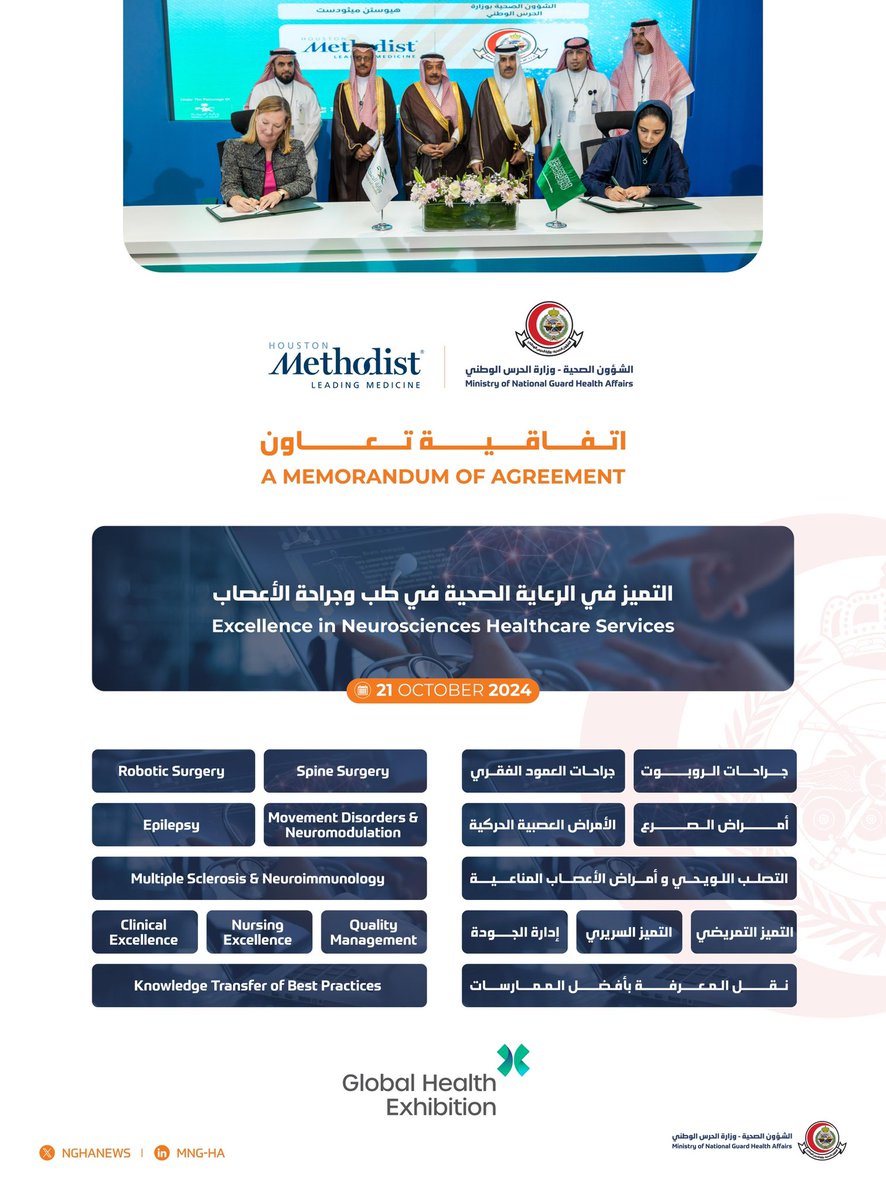 MNGHA (@nghanews) on Twitter photo الاتفاقية الثالثة:
برعاية معالي المدير العام التنفيذي الدكتور بندر القناوي، وقعت الشؤون الصحیة بوزارة الحرس الوطني، ممثلة بالمدیر التنفیذي لإدارة الاستراتیجیة الطبیة الدكتورة عزة الثمیري، وھیوستن میثودیست <a href="/MethodistHosp/">Houston Methodist</a> ممثلة بالرئیس والمدیر التنفیذي لخدمات الرعایة الصحیة في الاتفاقية الثالثة:
برعاية معالي المدير العام التنفيذي الدكتور بندر القناوي، وقعت الشؤون الصحیة بوزارة الحرس الوطني، ممثلة بالمدیر التنفیذي لإدارة الاستراتیجیة الطبیة الدكتورة عزة الثمیري، وھیوستن میثودیست <a href="/MethodistHosp/">Houston Methodist</a> ممثلة بالرئیس والمدیر التنفیذي لخدمات الرعایة الصحیة في