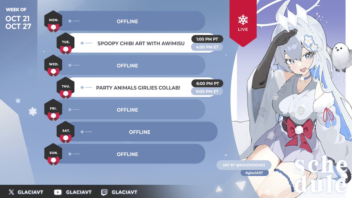 glaciavt's tweet photo. ❄️ SCHEDULE ❄️ 10.21 - 10.27
two fun and rare collabs planned for this week! getting to know some cute vtubers (〃´▽`〃)
twitch: https://t.co/FEyedtjBnk
art: #glaciART
stream: #glaciLIVE https://t.co/ElCKSjtCug
