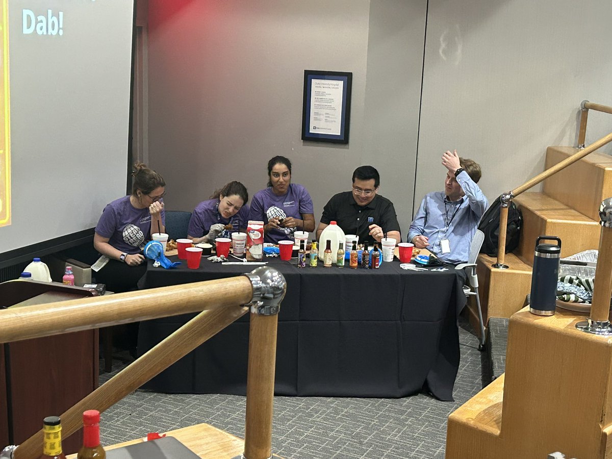 Legendary <a href="/DukeIMChiefs/">Duke IM Chief Residents</a> taking on the #hotwingschallenge while getting pestered with ridiculous medical trivia all because they love the residents 🥹🫶❤️<a href="/IMResidencyDuke/">Duke IM Residency</a> <a href="/AimeeZaas/">Dr. AimeeZaasDukeIMPD</a>