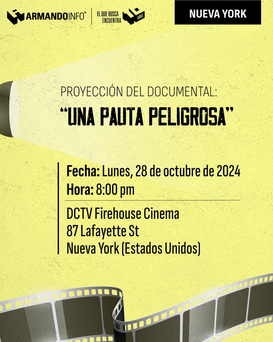 ArmandoInfo's tweet photo. Como parte del ciclo de proyecciones de nuestro documental, "Una pauta peligrosa", estaremos este #28Oct en Nueva York, EE.UU. 🇺🇸

Hora: 08:00 pm

Lugar: DCTV Firehouse Cinema-87 Lafayette St

Entrada libre 🎫

Más información aquí 👉🏻https://t.co/8scoZA9LL2 https://t.co/0mMhXJKeOq