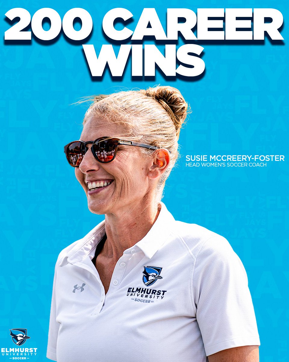 ElmhurstBluejay's tweet photo. ⚽️200 CAREER WINS

Congratulations to @elmhurstu_wsoc head coach Susie McCreery-Foster for earning her 200th career win with Elmhurst's 1-0 win against Illinois Wesleyan on Saturday! #FlyJaysFly https://t.co/YoXnTydaSz