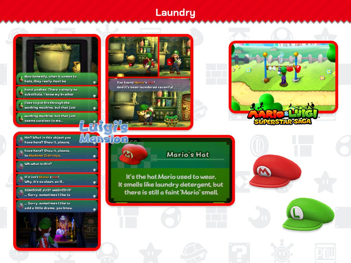 ThePipePlaza's tweet photo. Fact: Mario likes to put his hat through the washing machine, while Luigi prefers to wash his hat by hand, considering Mario’s preference to be careless.

Despite this, Luigi hangs up Mario’s laundry, including his hat, to dry in Mario &amp; Luigi: Superstar Saga + Bowser's Minions. https://t.co/DLrwVuPY3d
