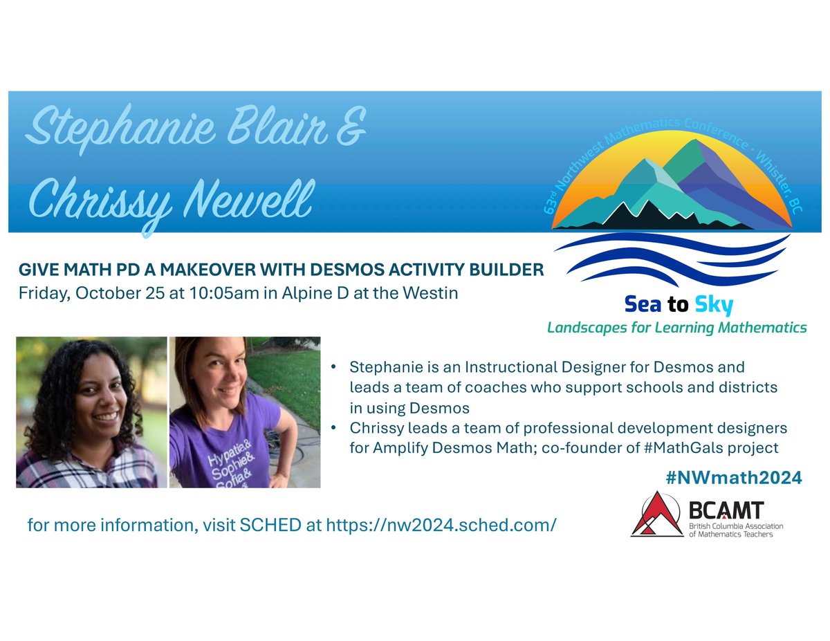 nwmathconf's tweet image. Dive into Desmos Activity Builder with Stephanie Blair & Chrissy Newell on Friday at the Westin! Plan your days and get any last-minute program changes at nw2024.sched.com #NWmath2024 @BCAMT