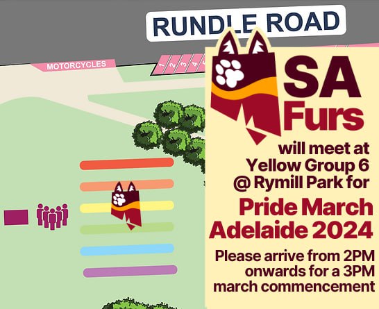sa_furs's tweet photo. We'll be at Pride March Adelaide 2024 on Nov 2nd! 🏳️‍🌈 All furries and friends of furries are welcome to march alongside us! 🦊♥️ Join us from 2 PM in the yellow group for a 3 PM start. #safurs #adelaidefurs https://t.co/rVI8JY64Lu
