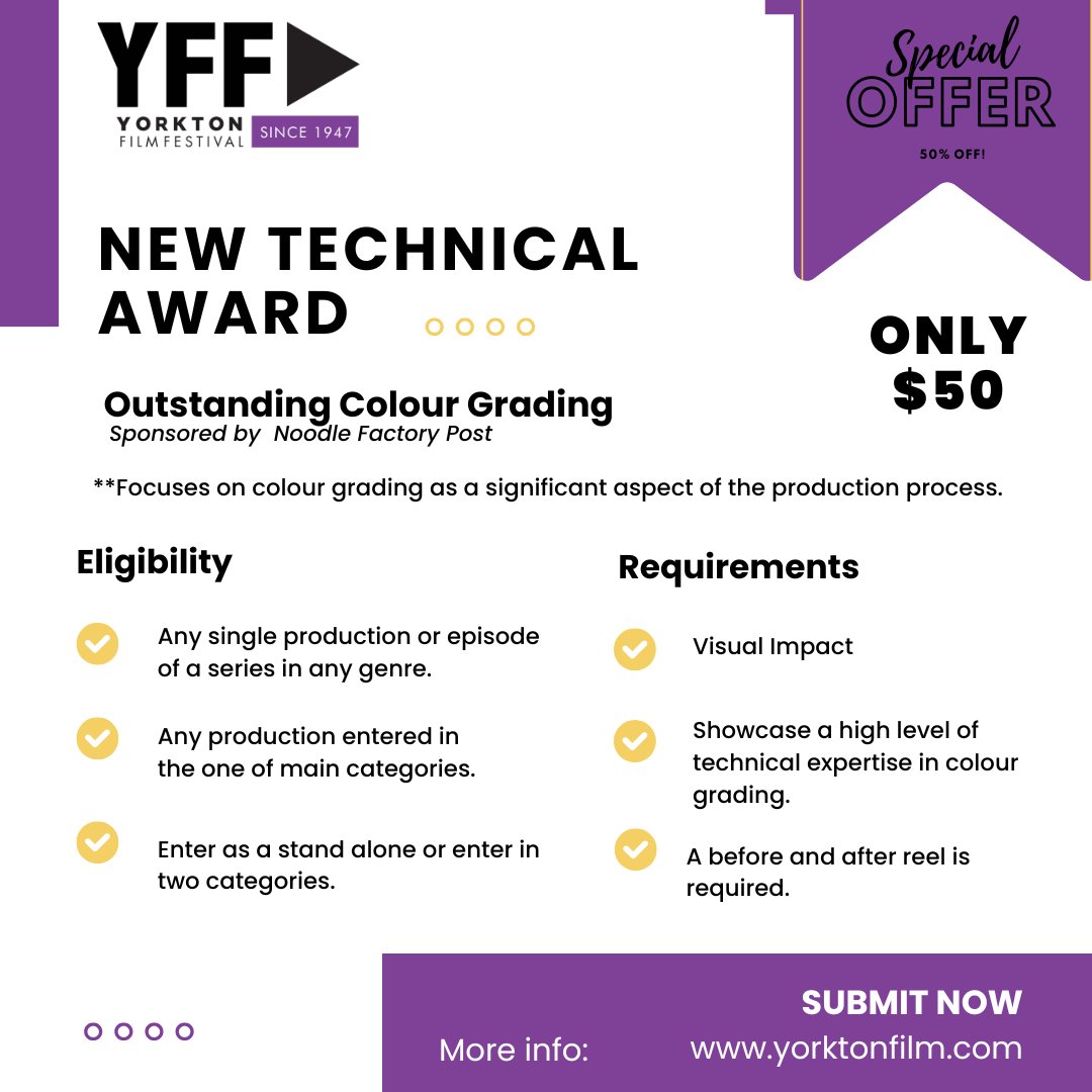 Enter your films in our new technical award category - Outstanding Colour Grading!For only $50.00 you can enter your film as a standalone or for an additional $50.00 you may enter that same film in the two categories.Enter today yorktonfilm.com #yff25,#callforsubmissions