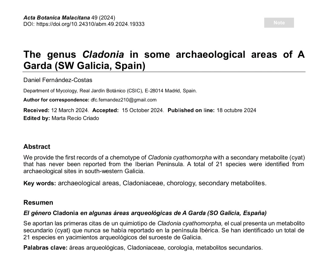 Para empezar la semana os traemos este artículo!! En él se recogen los nuevos quimiotipos encontrados para el género Cladonia en la península Ibérica.
Lee el artículo completo en el siguiente enlace 🔗
revistas.uma.es/index.php/abm/…