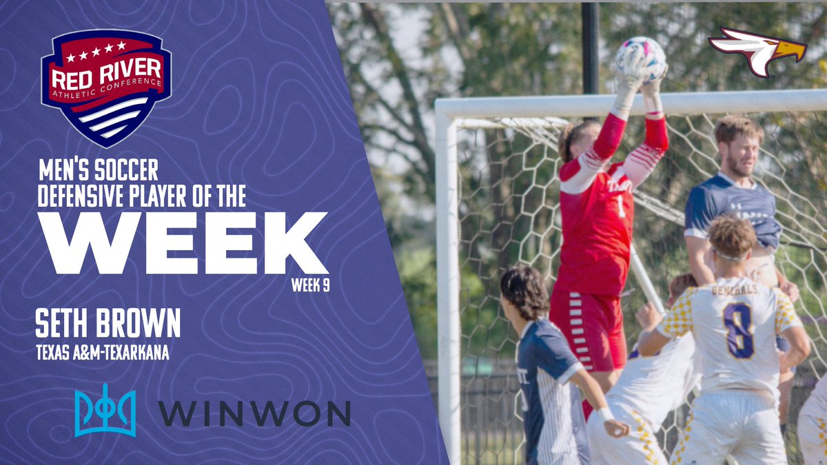Seth Brown of <a href="/tamut_athletics/">TAMUT Athletics</a> was named <a href="/winwontech/">WinWon</a> RRAC men's soccer defensive player of the week for Oct. 14-20. Story: redriverconference.com/general/2024-2…