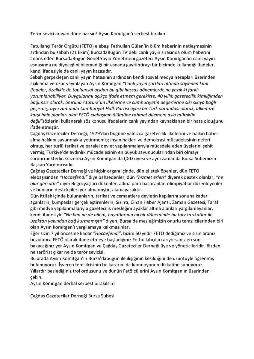 ÇGD Bursa Şubesi'nden açıklama 📢

Terör sevici arayan düne baksın! 
Aysın Komitgan’ı serbest bırakın!
👇
facebook.com/share/p/5DUqSz…