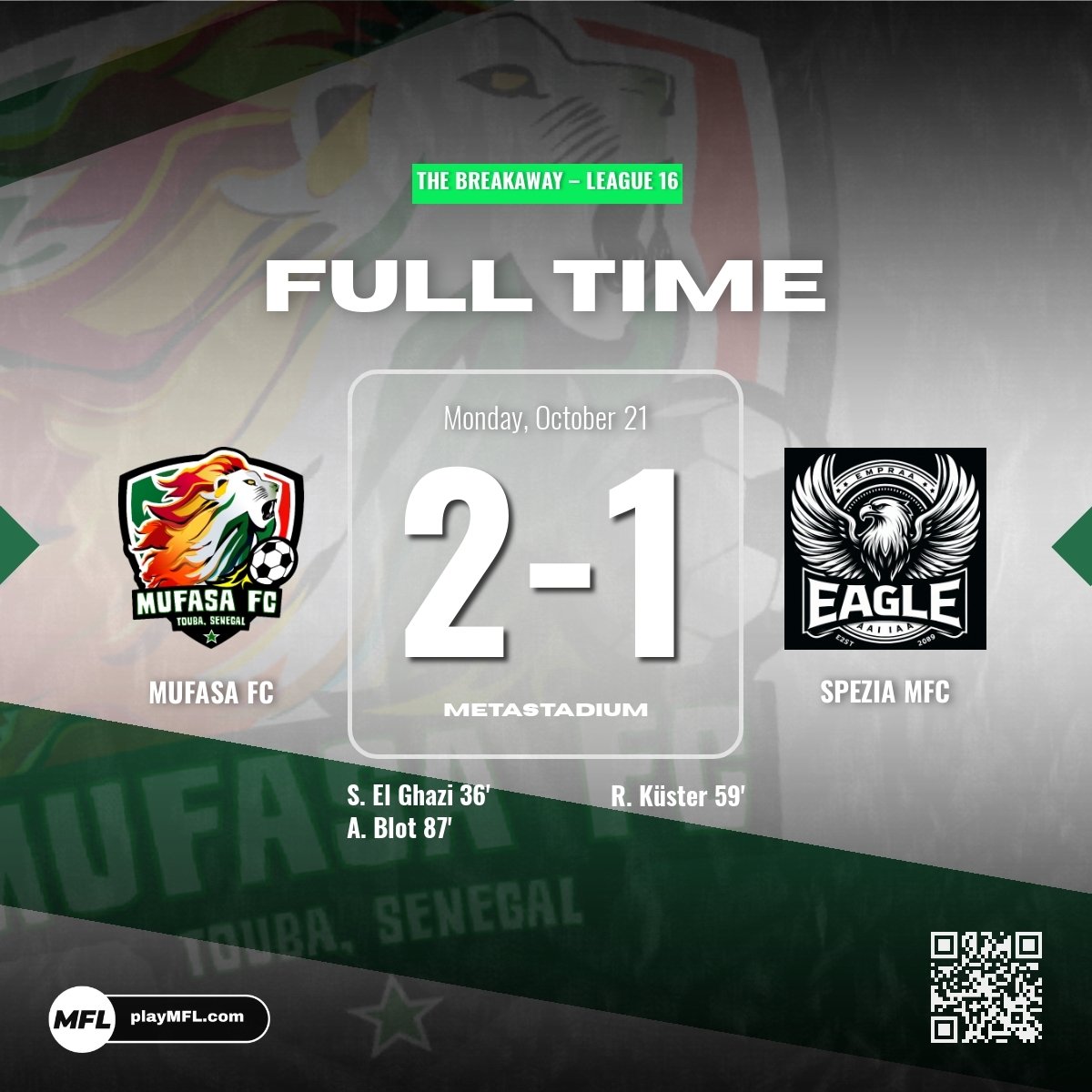 Mufasa_FC's tweet photo. LEAGUE GAME 11 - Alexis Blot with a late goal to secure us a 2-1 win against SPEZIA MFC from Denmark. 🇸🇳 #MufasaFC https://t.co/Bvq4Bg7VBc