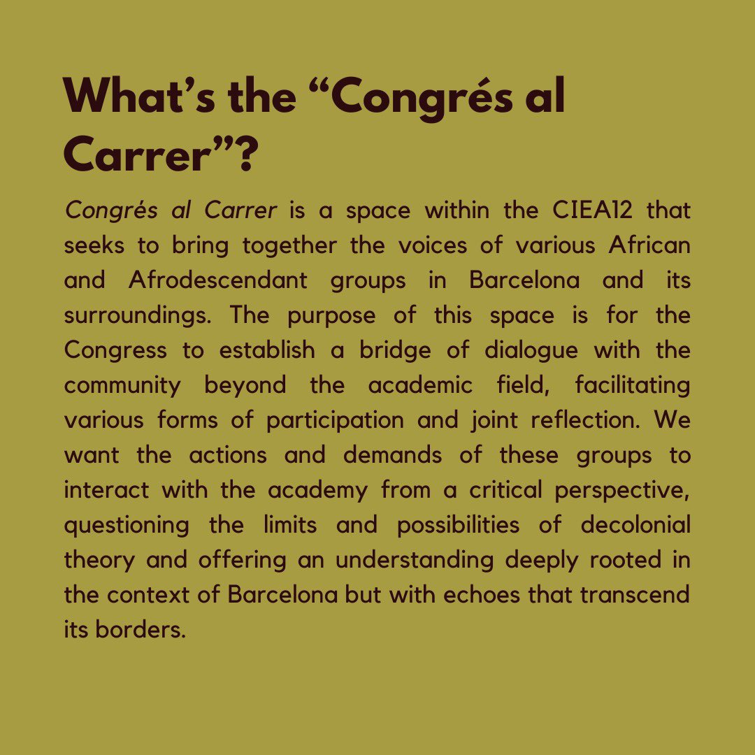 #congresalcarrer , un espacio que reúne voces de colectivos africanos y afrodescendientes de Barcelona. Tratando de crear diálogos de reflexión conjunta entre el congreso y la comunidad, proponemos una perspectiva crítica desde la ciudad que a la vez trascienda sus fronteras.