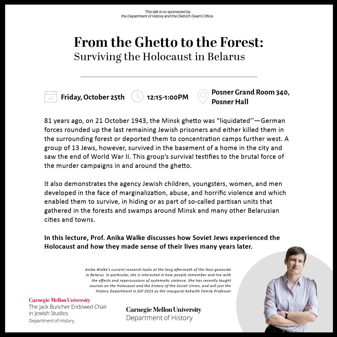 MichalFriedman7's tweet photo. My new excellent colleague Anika Walke will be giving a talk at CMU this Friday. Anika will be starting at CMU next fall, but this is a great chance to get a sneak peek. All are welcome! @HistoryCMU  @CMU_DietrichHSS https://t.co/KRe3V2qjrE