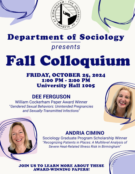 UABSociology's tweet photo. This Friday! PhD students Dee Ferguson and Andria Cimino will be sharing their award winning papers as part of our Fall Colloquium. https://t.co/P1Fi0JQUv4