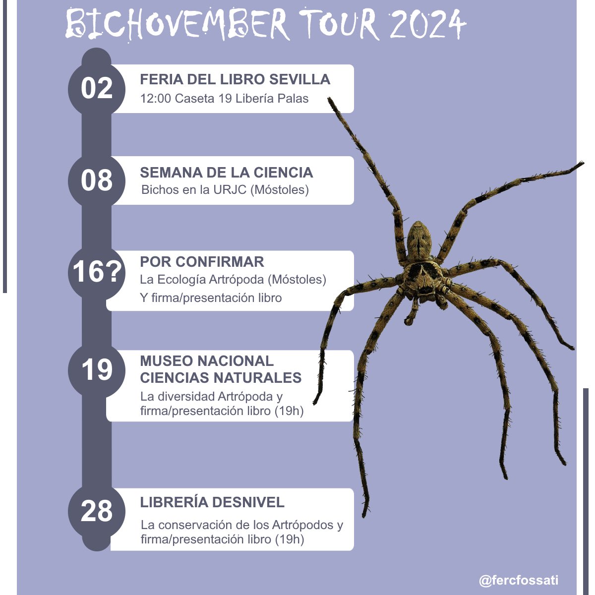 EL BICHOVEMBER TOUR HA LLEGADO: Todos los #eventos en que participaré el próximo mes ¿Más información? 🤔 ¡Pregunta, te leo!🐞🐛🦂🦞🪳🪲🕷️

#divulgacion #animales #ciencia #science #biologia #artropodos #ecologia #bichos