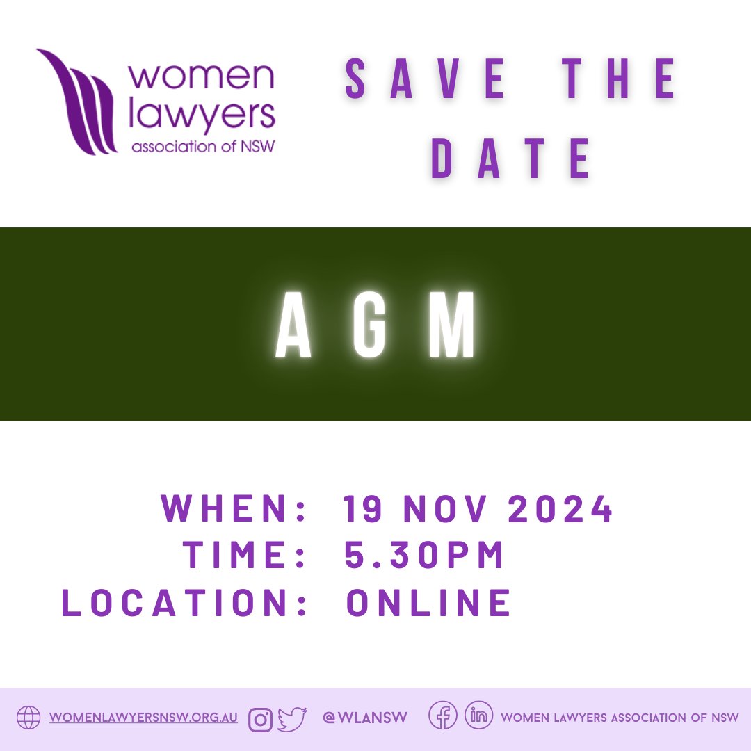 Please note that our AGM will be entirely online this year. 

Please save this date in your diary.

Further information about the AGM will be provided in the coming weeks.

#wlansw #womenlawyers #law #AGM