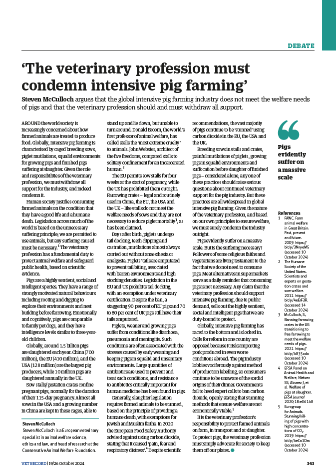 Steven McCulloch (@stevemccvet) on Twitter photo ‘The Vet Profession Must Condemn Intensive Pig Farming’ - <a href="/Vet_Record/">Vet Record</a>
Pig welfare 🐷
- Caged breeding sows
- Piglet mutilations
- Squalid environments growing pigs
- CO2 suffocation at slaughter
Public health 💊😷
- Antimicrobial resistance
- Pandemic risk
doi.org/10.1002/vetr.4… ‘The Vet Profession Must Condemn Intensive Pig Farming’ - <a href="/Vet_Record/">Vet Record</a>
Pig welfare 🐷
- Caged breeding sows
- Piglet mutilations
- Squalid environments growing pigs
- CO2 suffocation at slaughter
Public health 💊😷
- Antimicrobial resistance
- Pandemic risk
doi.org/10.1002/vetr.4…