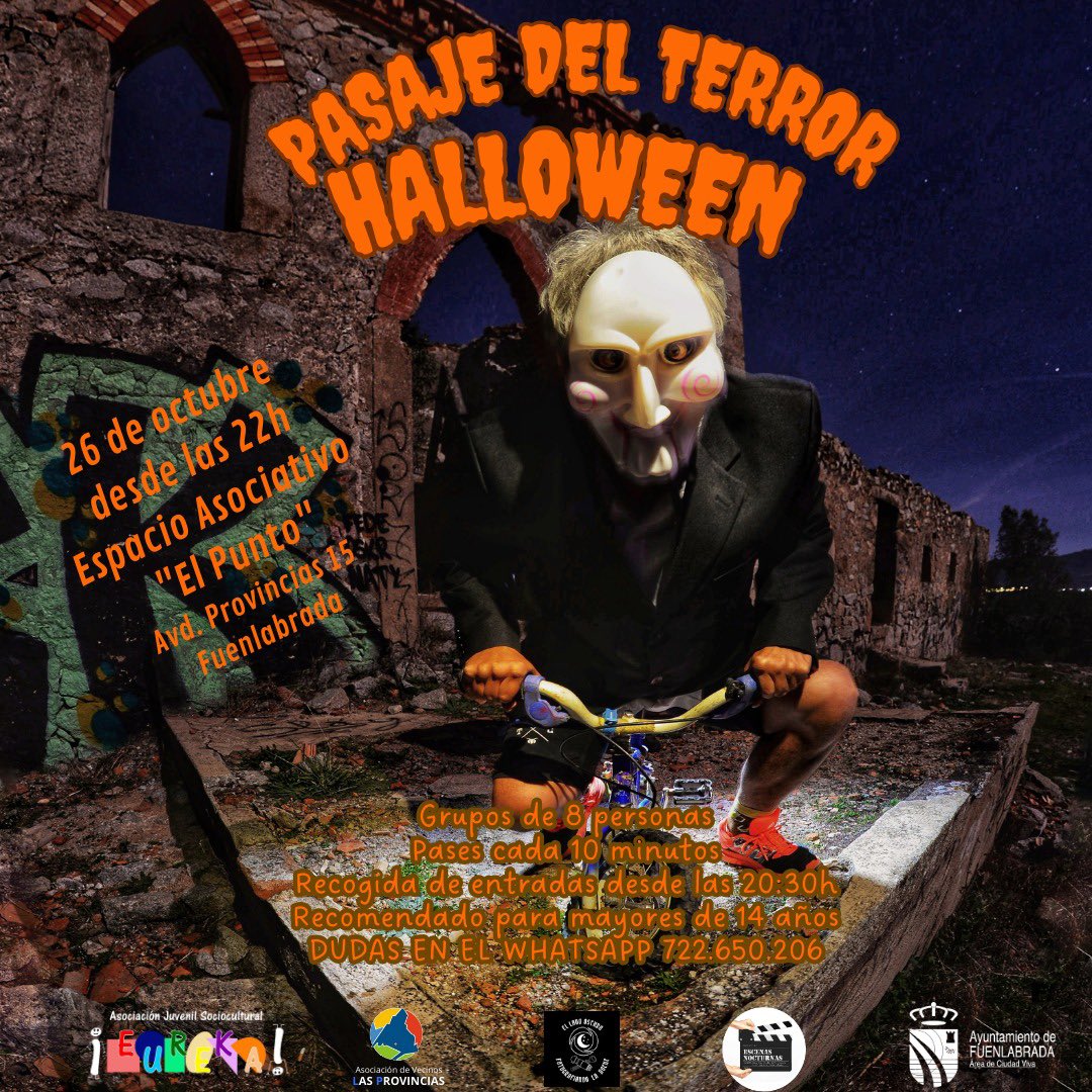 AsociEUREKA's tweet photo. ¡🎃 Llega el Pasaje del Terror a Fuenlabrada! 🎃
📅 Fecha: 26 de octubre
🕙 Hora: Desde las 22:00 h
📍 Lugar: Espacio Asociativo “El Punto” (Avd. Provincias 15, Fuenlabrada)
🎟️ Recogida de entradas: El mismo día del evento desde las 20:30 h
🎯 Recomendado para mayores de 14 años https://t.co/j5jP0oLRKr
