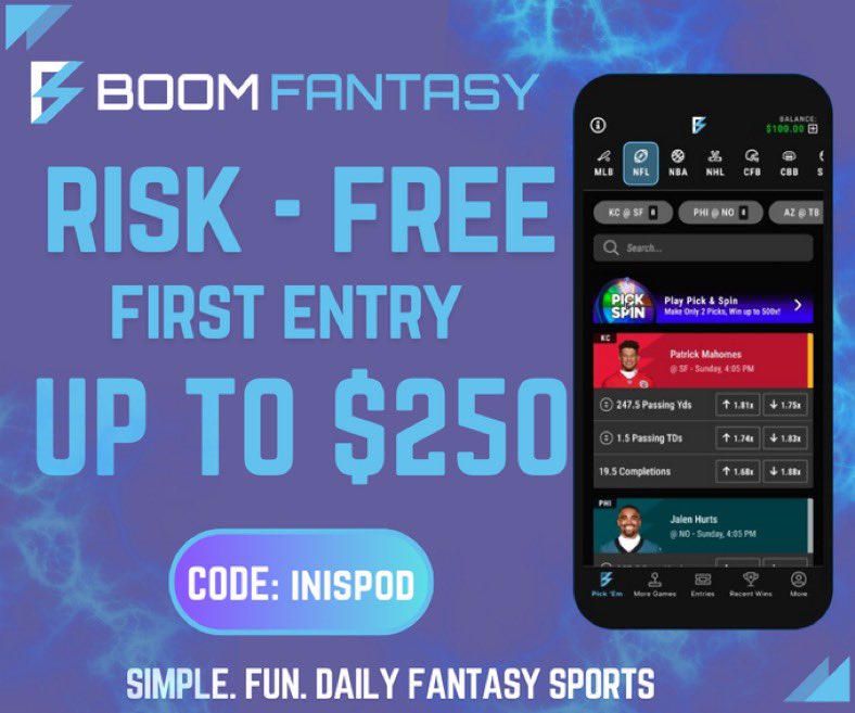 INISPod's tweet photo. #NFL MNF🏈 INISPOD Giveaway Play

If this CASHES, we’re sending someone $50
If this LOSES, we’re sending someone $30
Must Follow here and Subscribe to our YT Channel and dm SS proof along with your CashApp/Venmo/PayPal⬇️
We will be picking a winner tomorrow on our live show📺

https://t.co/xGOS1OTCQc

Join @BoomFantasy by clicking 👇and use promo code “INISPOD” for first deposit risk-free up to $250💰

https://t.co/d8jjwNVDaD