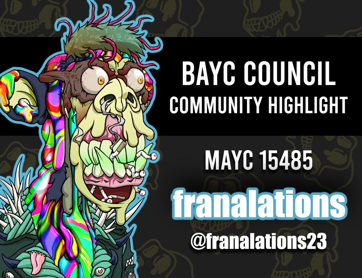MAYC Community Highlight  🧪 

For this feature, we would like to highlight Franalations (<a href="/franalations23/">franalations.eth</a>)!   Franalations joined BAYC in 2021 and has since launched several physical and digital releases using their Ape IP, including collaborations with Diamond Supply. A
