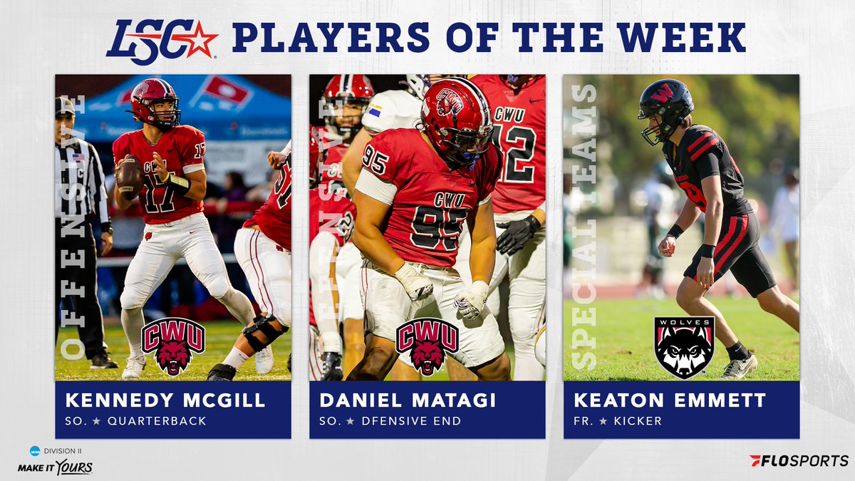 Lone Star Conference (@lonestarconf) on Twitter photo #LSCfb Players of the Week 🏈
Offensive: Kennedy McGill, <a href="/CWUFB/">CWU Football</a>
Defensive: Daniel Matagi, Central Washington
Special Teams: Keaton Emmett, <a href="/WOU_FB/">WOU Football</a> (2)
🔗 bit.ly/4fcJEOv
#D2fb #LSCfb Players of the Week 🏈
Offensive: Kennedy McGill, <a href="/CWUFB/">CWU Football</a>
Defensive: Daniel Matagi, Central Washington
Special Teams: Keaton Emmett, <a href="/WOU_FB/">WOU Football</a> (2)
🔗 bit.ly/4fcJEOv
#D2fb