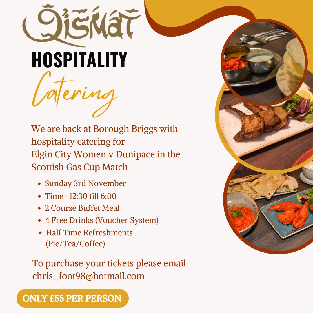 We are excited to share that we will be back at Borough Briggs on Sunday, November 3rd, after the great success of our previous hospitality event. 

This occasion will feature hospitality for the match between <a href="/ElginCityFC/">Elgin City F.C.</a> Women and Dunipace in the Scottish Gas Cup match.