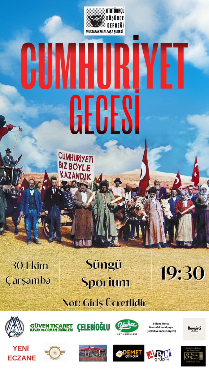 Cumhuriyet’in 101. Yılında CUMHURİYET GECESİNDE buluşuyoruz . 
Tüm halkımız davetlidir . 
Davetiye temini için 

0 531 267 96 08 

nolu telefon numarasını arayabilirsiniz. 
#YENİDENATATÜRKCUMHURİYETİ 
#addmustafakemalpaşa