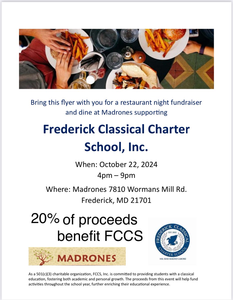 FCCS_School's tweet image. No need to cook tomorrow evening! Come on out to Madrones tomorrow evening between 4 and 9 PM and present this flyer. 20% of the proceeds benefit FCCS!
@FCPSMaryland
#RestaurantNight #FCCS